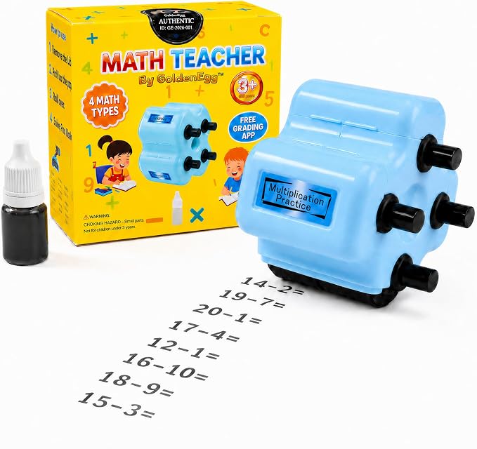 GoldenEgg Math Teacher roller with retail packaging, refill ink and printed subtraction practice problems